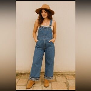 Vintage Y2K Wide Leg Denim Overalls Zebra Trim Boho 90s Vibe